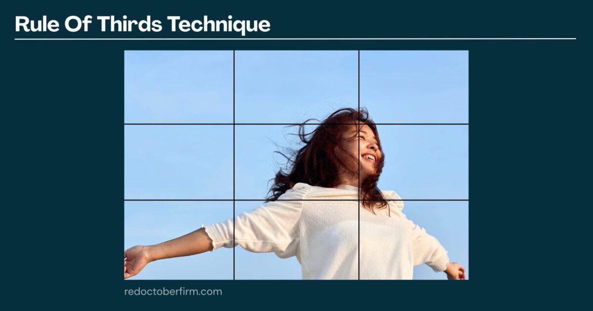 A Woman Poses With Arms Outstretched Against A Blue Sky, Aligned With The Rule Of Thirds Grid Overlay On The Image.