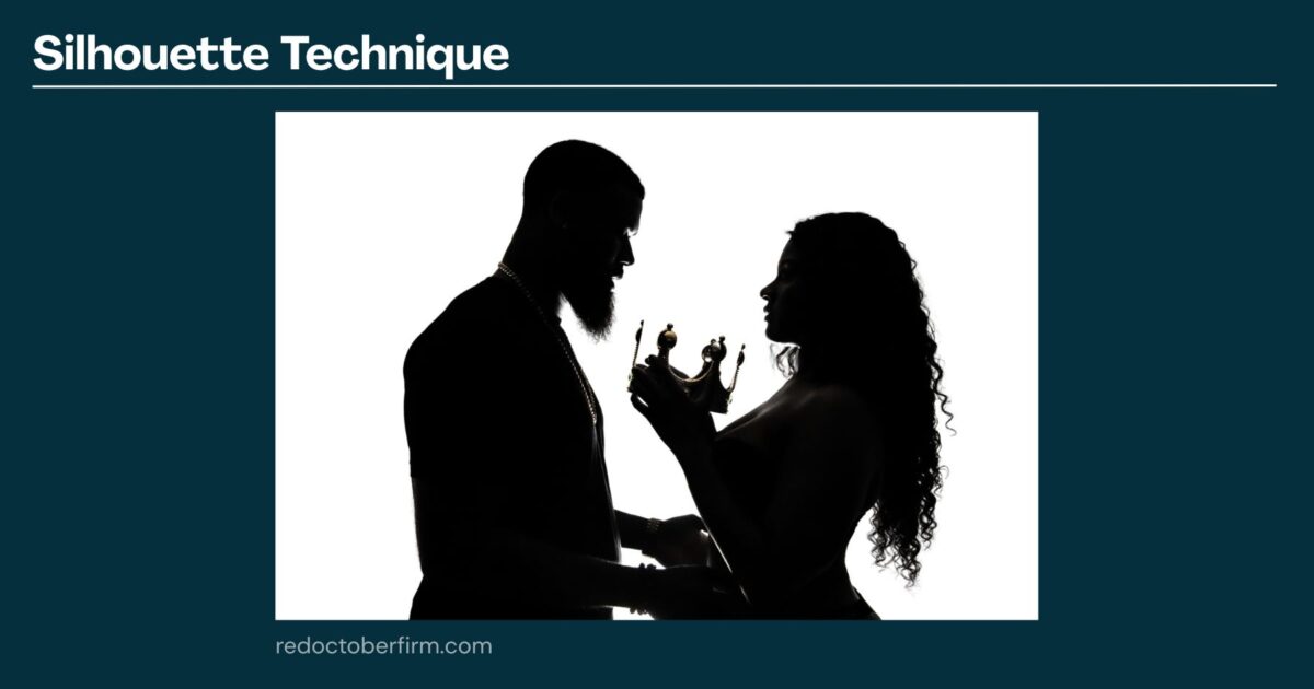 Silhouette Of A Man And Woman Facing Each Other; The Woman Holds A Crown While The Man Touches Her Hand Against A White Background.