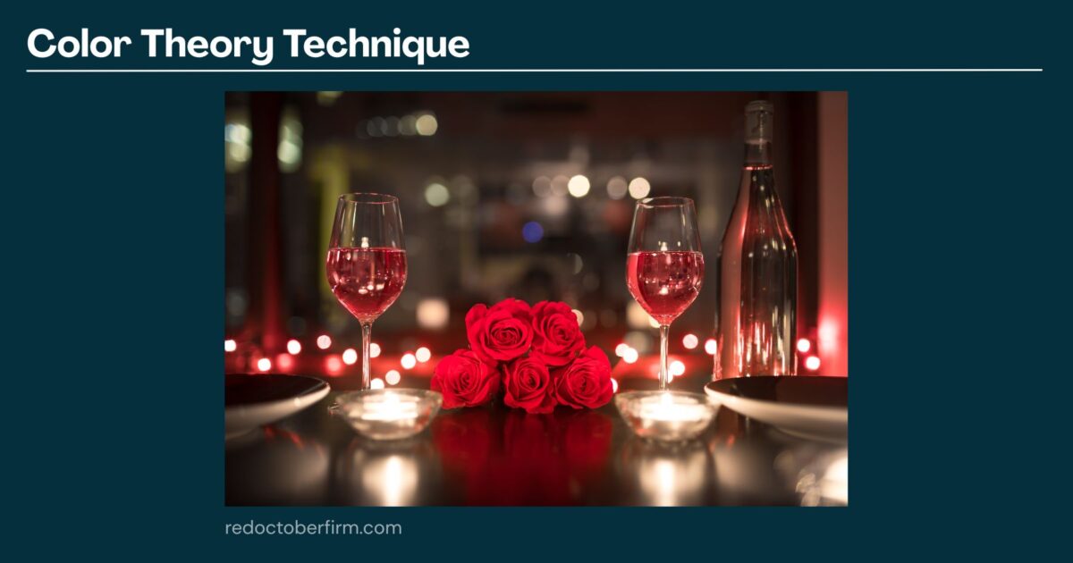 A Romantic Dinner Table Setup With Two Wine Glasses, A Bottle, Red Roses, Candles, And String Lights, Used As An Example For &Quot;Color Theory Technique.
