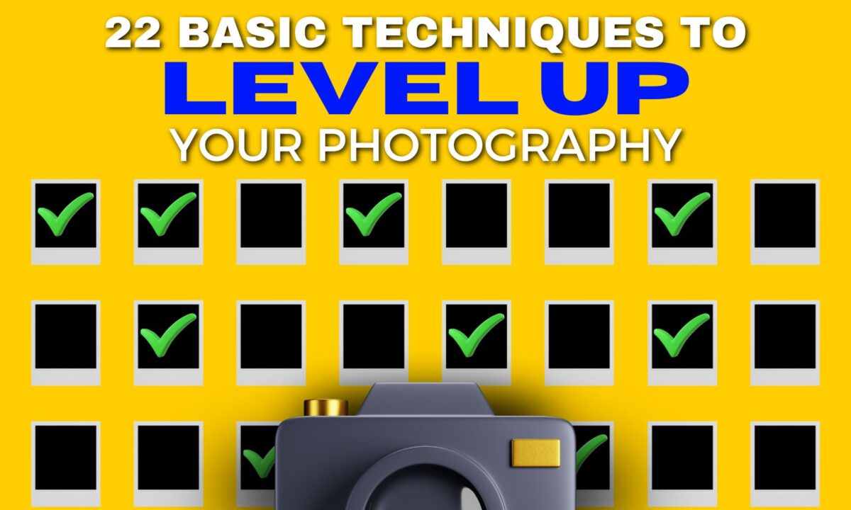 Yellow Background With Text, &Amp;Quot;22 Basic Techniques To Level Up Your Photography,&Amp;Quot; Above Rows Of Photo Icons With Green Check Marks And A Camera Illustration At The Bottom.