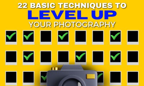 Yellow Background With Text, &Quot;22 Basic Techniques To Level Up Your Photography,&Quot; Above Rows Of Photo Icons With Green Check Marks And A Camera Illustration At The Bottom.
