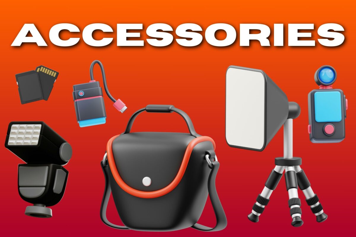 A Collection Of Photography Equipment On An Orange Background.