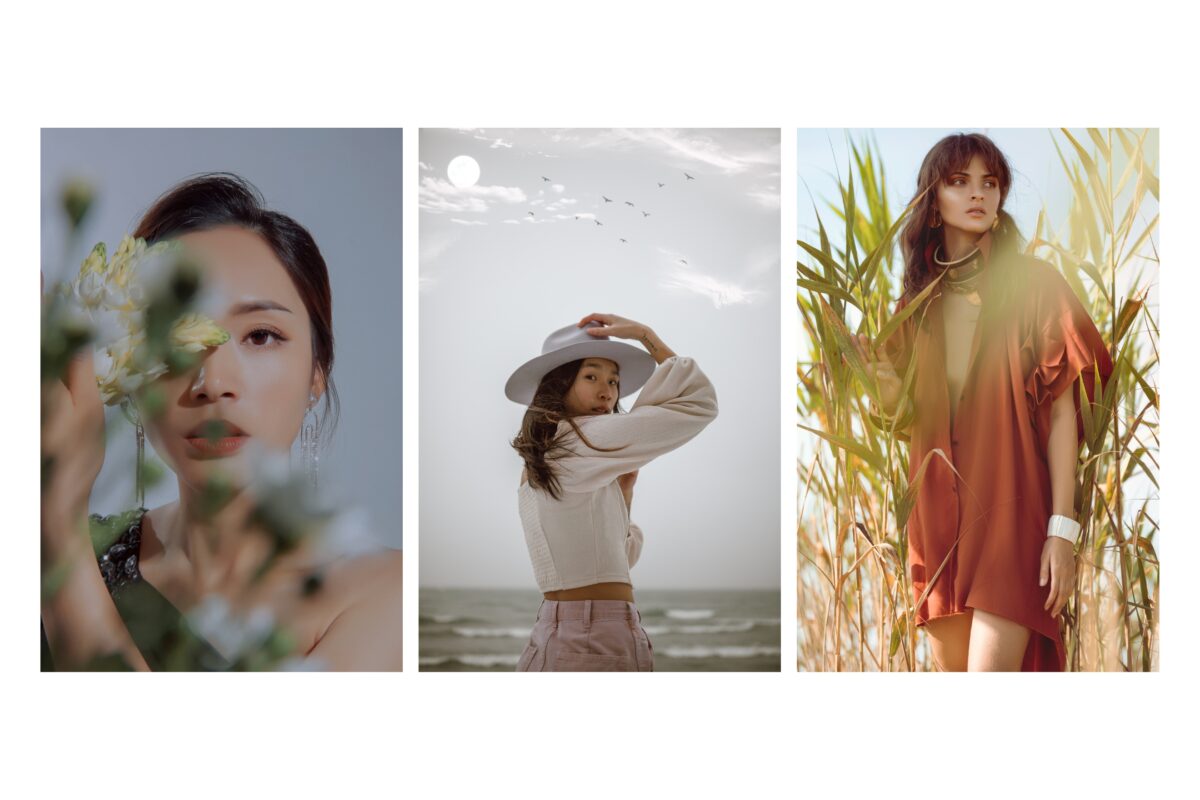 Four Artful Photos Of A Woman Gracefully Posing Amidst Beautiful Flowers.