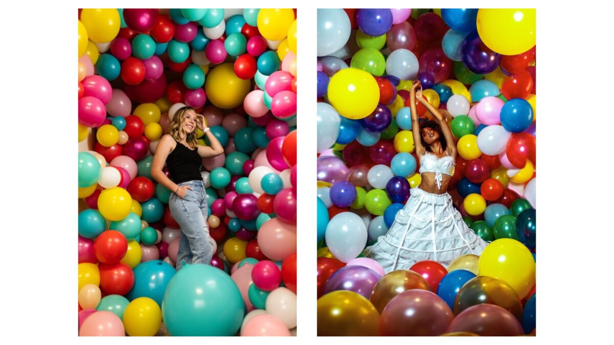 Two Pictures Of A Woman Posing In A Room Adorned With Balloons, Serving As Inspiring Backdrop Photography Ideas.