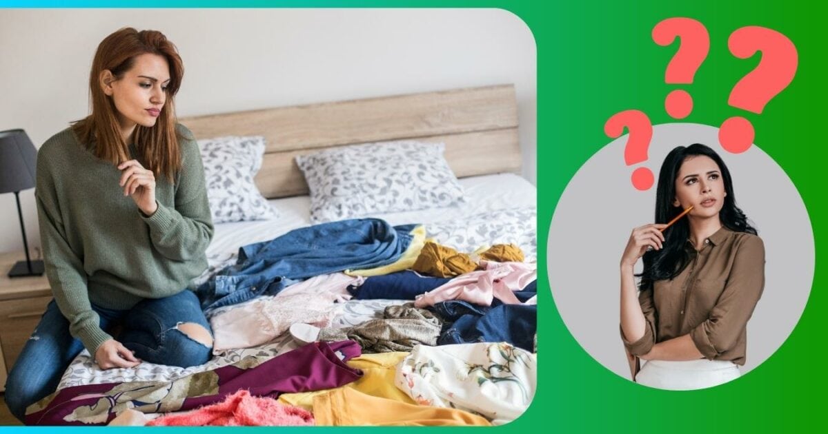 A Woman Is Sitting On A Bed Surrounded By Clothes, Contemplating What To Wear For Her Upcoming Photoshoot.