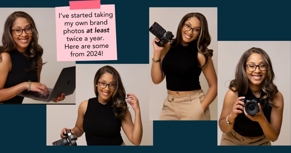 A Woman Wearing Glasses And A Black Sleeveless Top Poses With A Laptop And A Camera, Smiling In Different Positions. A Note Mentions These Are Self-Brand Photos From 2024.