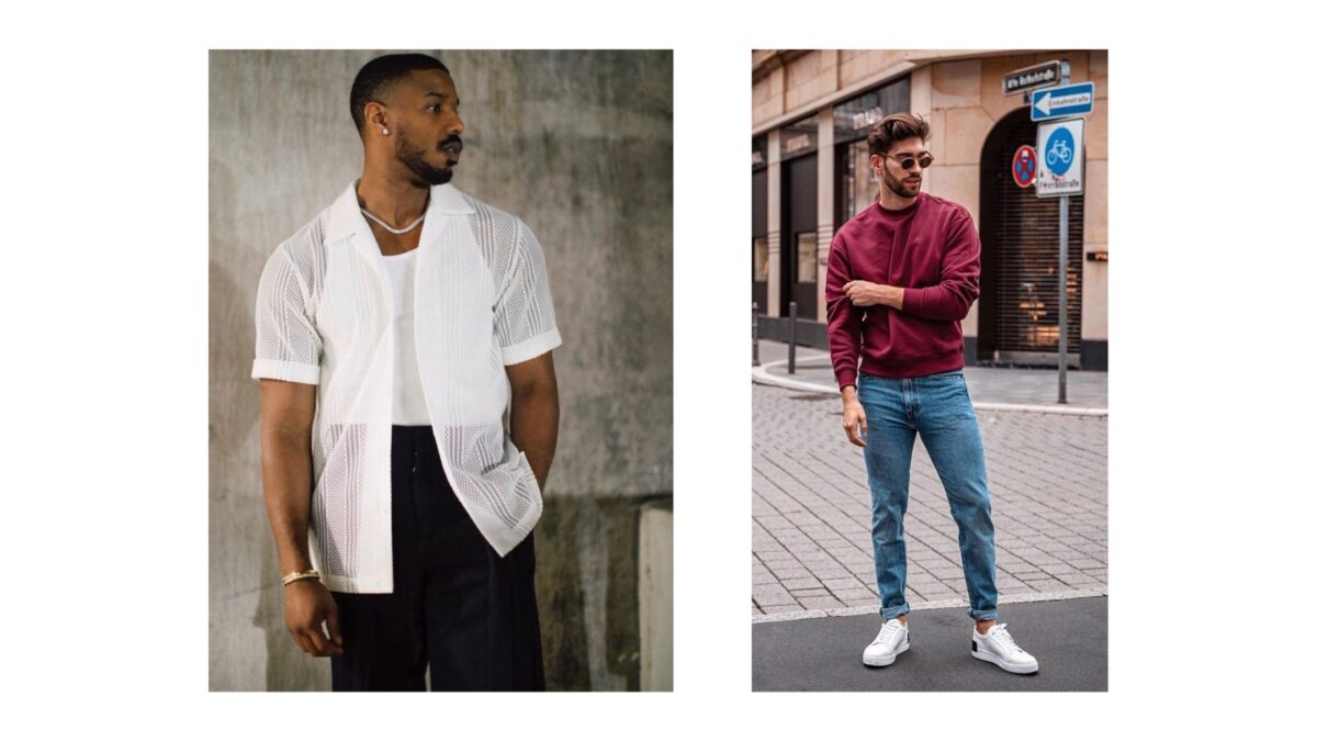 Two Male Models, One Wearing A White Shirt And The Other In A Maroon Shirt, Strike Poses.