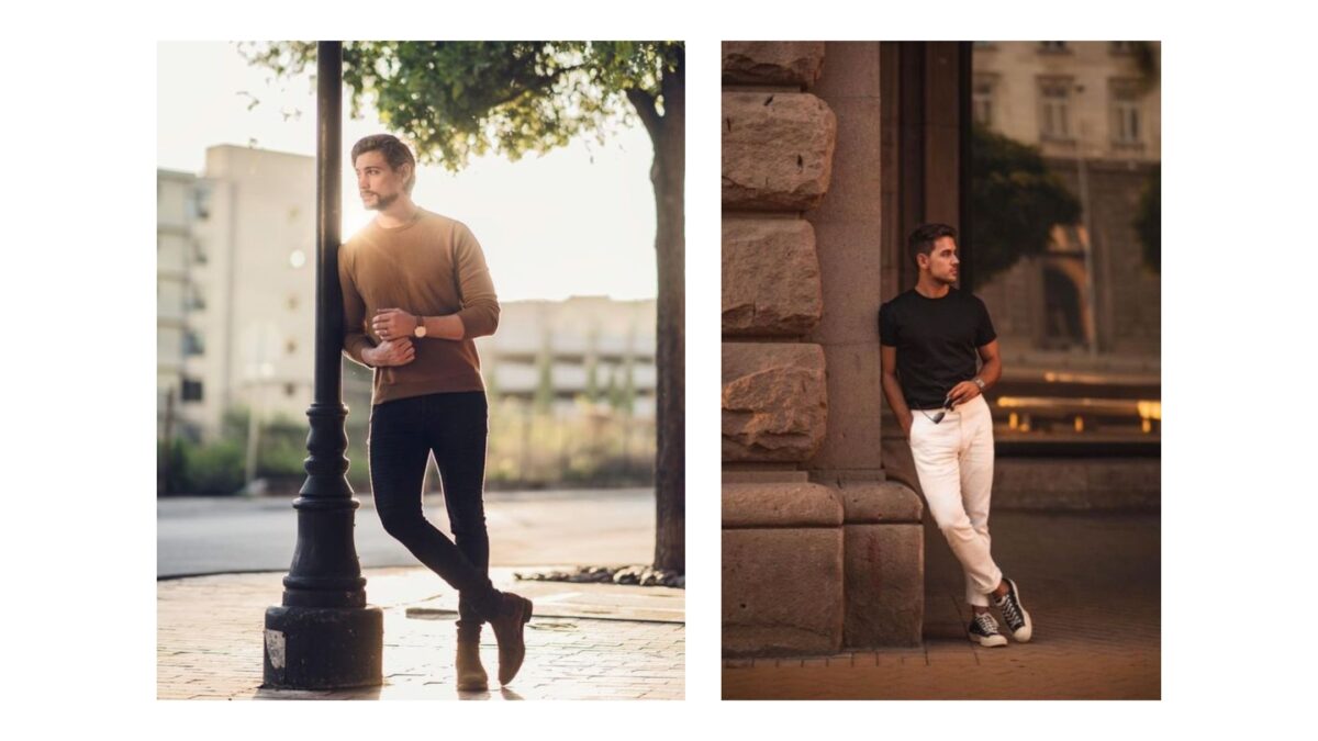 Two Pictures Of A Male Model Posing Against A Pole.