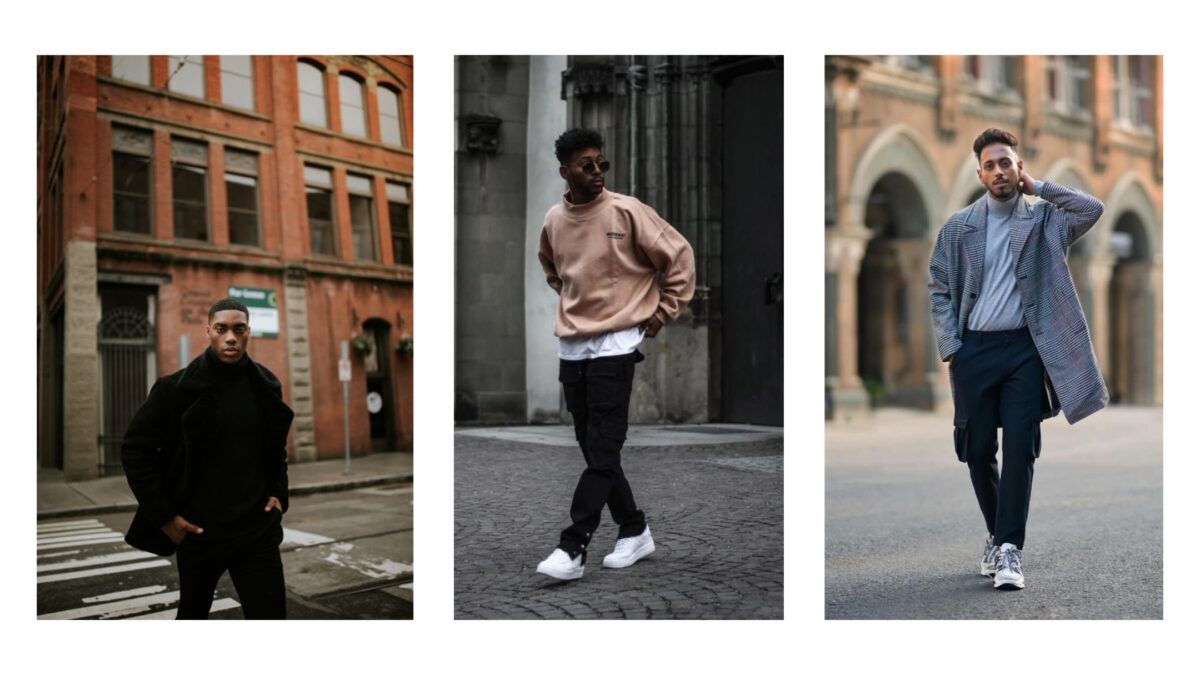 Four Male Models Striking Poses In Different Outfits.