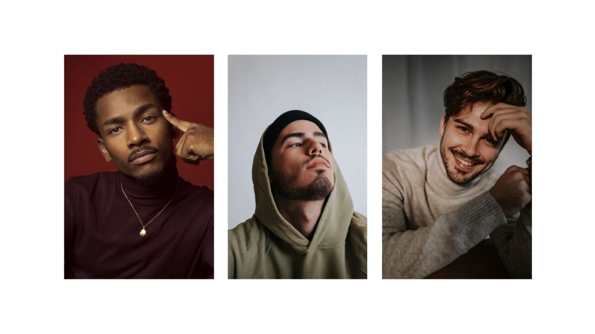 Four Male Models Are Posing With Their Hands On Their Heads.