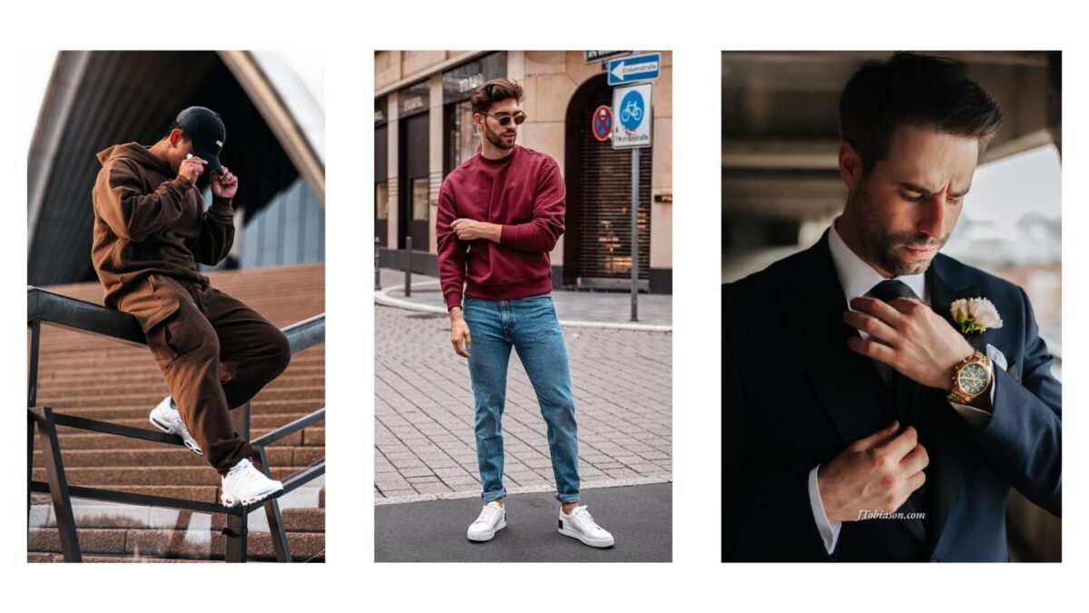 Four Male Model Poses Showcasing Different Outfits.