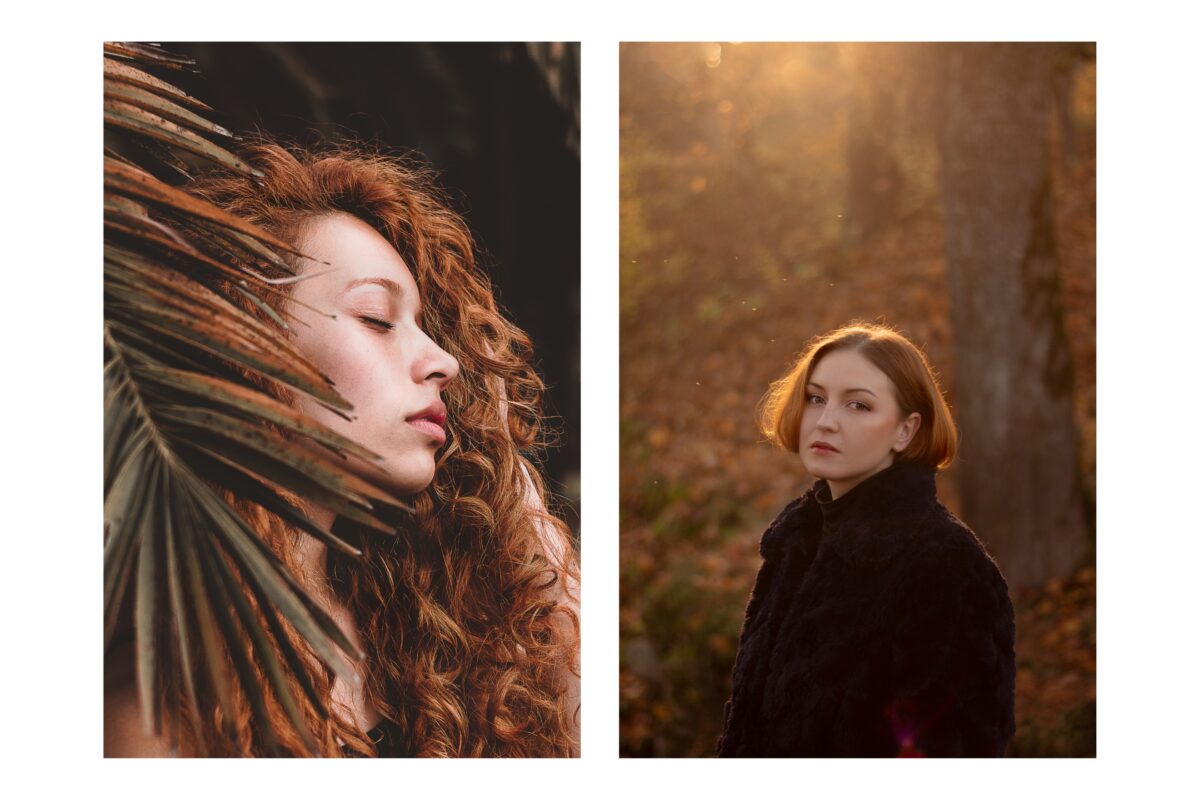 Two Photos Showcasing A Woman With Vibrant Red Hair Surrounded By Autumn Leaves, Capturing The Artistry Of Nature.