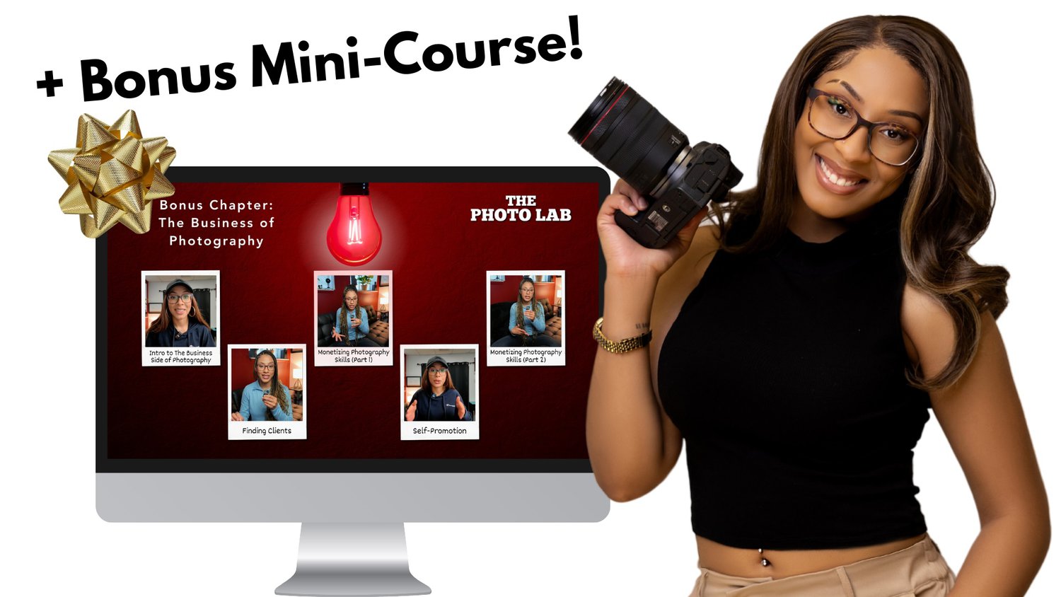 The Photo Lab Video Course A Woman Wearing Glasses And Holding A Camera Stands Next To A Computer Monitor Displaying &Quot;The Photo Lab Video Course,&Quot; Which Includes Various Chapters On Photography Business Tips.