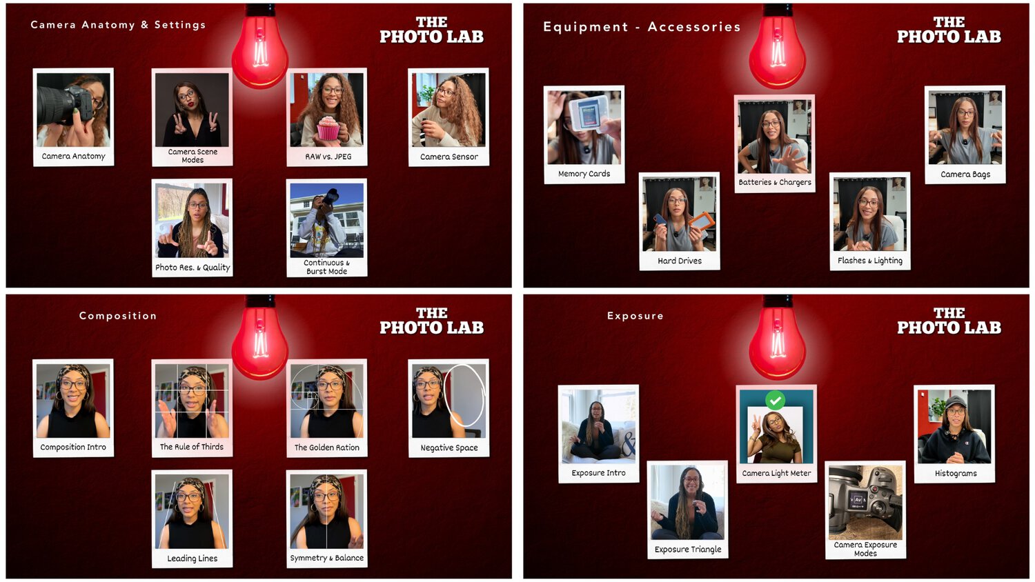 The Photo Lab Video Course A Four-Panel Infographic Titled &Quot;The Photo Lab Video Course&Quot; Covering Camera Anatomy &Amp; Settings, Equipment &Amp; Accessories, Composition, And Exposure With Various Instructional Images And Text.