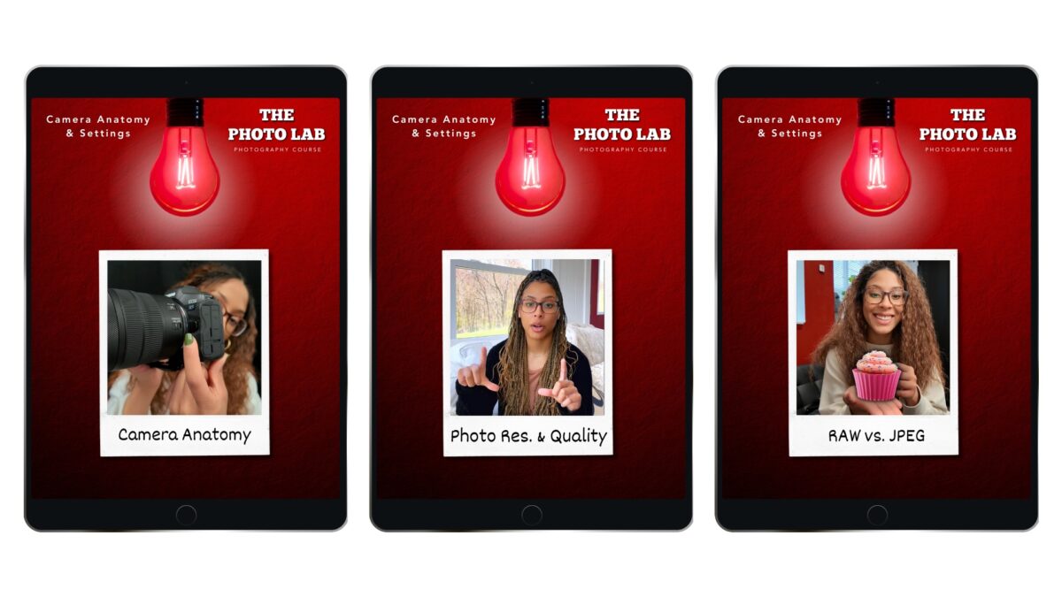 Three Tablets Display Photography Course Materials From &Quot;The Photo Lab&Quot;: &Quot;Camera Anatomy&Quot; Shows A Woman With A Camera, &Quot;Photo Res. &Amp; Quality&Quot; Has A Woman Presenting, And &Quot;Raw Vs. Jpeg&Quot; Features A Woman Holding A Cupcake.