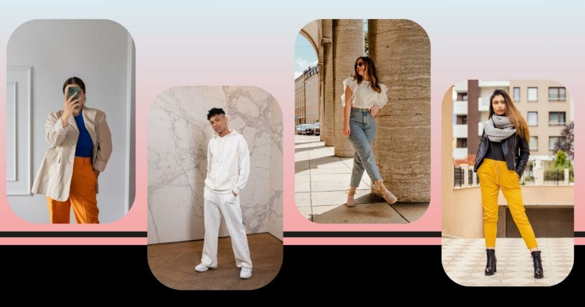 Four Pictures Showcasing Different Colored Pants For A Photoshoot.