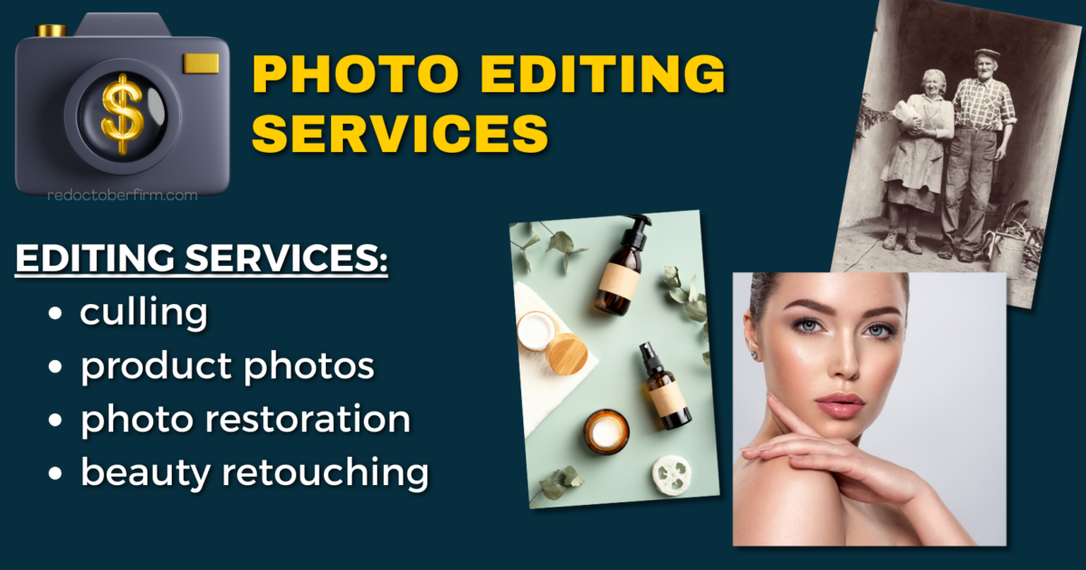 Collage Showing A Camera Icon, &Quot;Photo Editing Services&Quot; Text, A List Of Services, An Antique Black-And-White Photo, Cosmetics, And A Portrait Of A Woman.