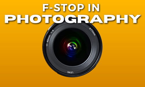 A Camera Lens With Colorful Reflections Is Centered On An Orange Background With The Text &Quot;F-Stop In Photography&Quot; At The Top.