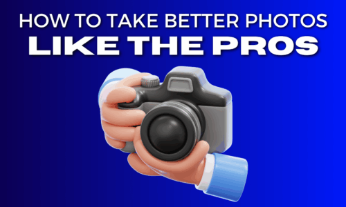 3D Illustration Of Hands Holding A Camera With The Text “How To Take Better Photos Like The Pros” On A Blue Background.