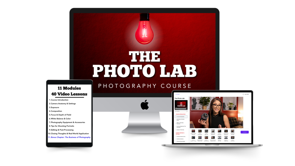 A Computer, Tablet, And Phone Showcase &Quot;The Photo Lab Photography Course&Quot; Screen With A Red Lightbulb Logo. The Tablet Displays Content Details, And The Phone Shows A Person Speaking In A Video Lesson.
