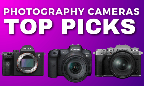 Three Digital Cameras From Sony, Canon, And Fujifilm Are Displayed Below The Text &Quot;Best Photography Cameras Top Picks&Quot; On A Purple Gradient Background.