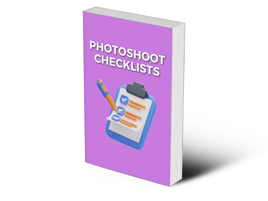 A Book Titled &Quot;Photoshoot Checklists&Quot; With An Image Of A Clipboard And Pencil On The Cover, Set Against A Purple Background.
