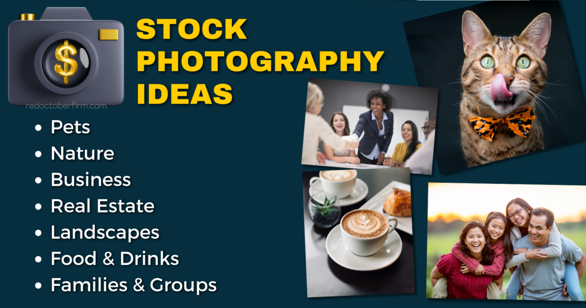 Collage Of Stock Photography Ideas Listing: Pets, Nature, Business, Real Estate, Landscapes, Food &Amp; Drinks, Families &Amp; Groups. Images Include A Cat, Office Meeting, Coffee, And A Family Outdoors.