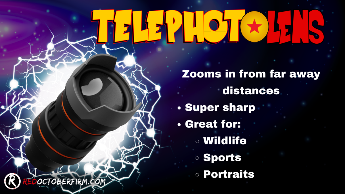 A Promotional Graphic For The Telephotolens. It Highlights Features Such As Zoom Capability, Sharpness, And Suitability For Wildlife, Sports, And Portrait Photography. The Logo Of Red October Firm Is Present.